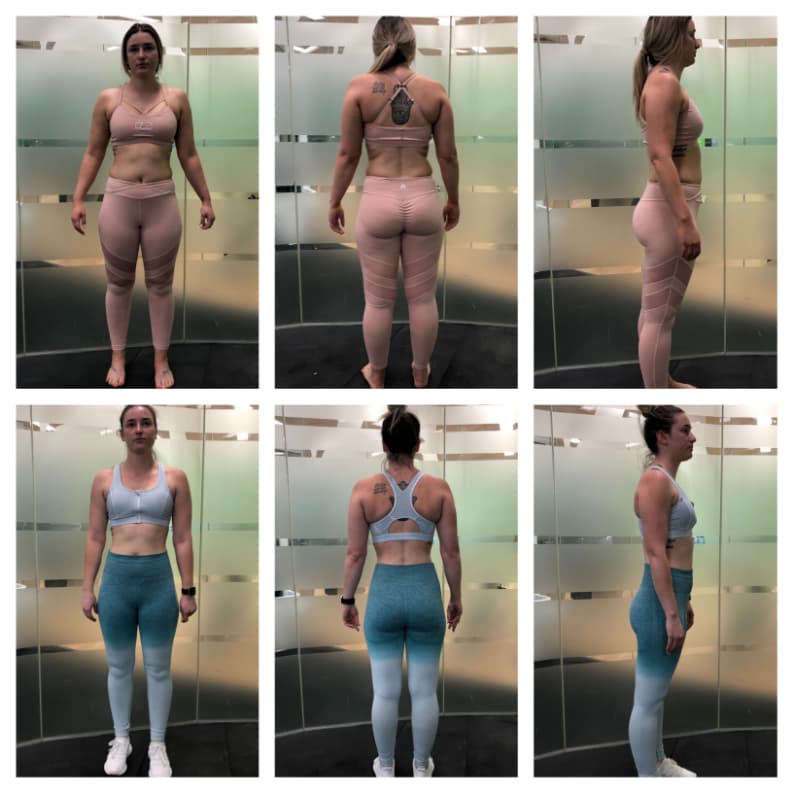 Six-panel before and after of a client's transformation at East 2 West Fitness