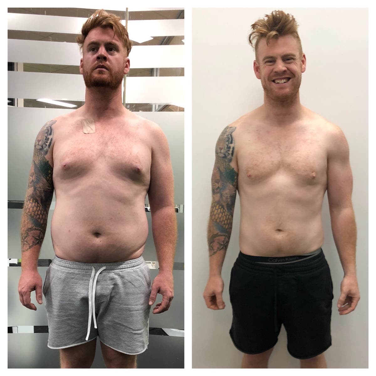 Side-by-side before and after showing a client's muscle gain