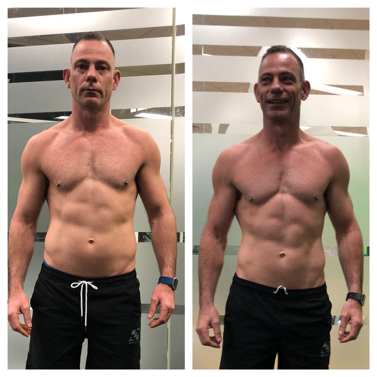 Side-by-side before and after of a client's body recomposition