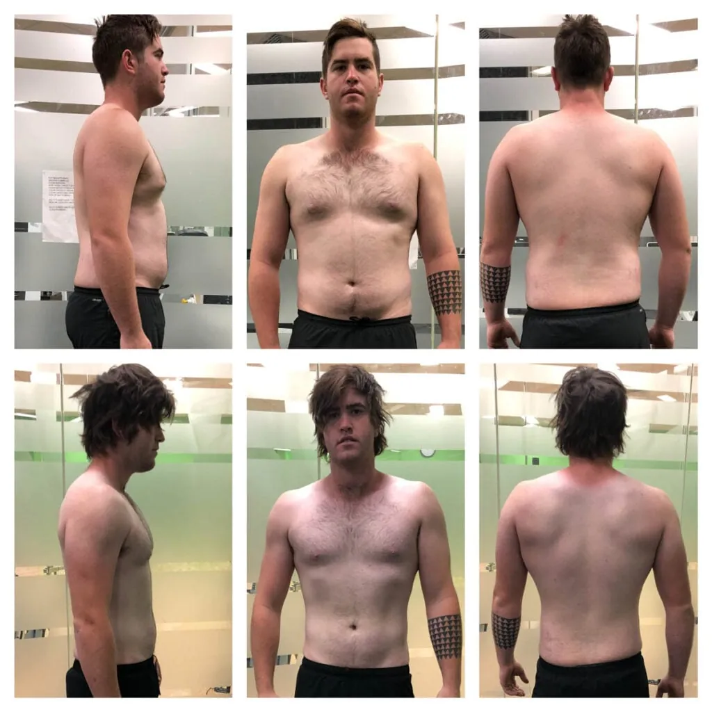 Side-by-side before and after of a client's strength transformation