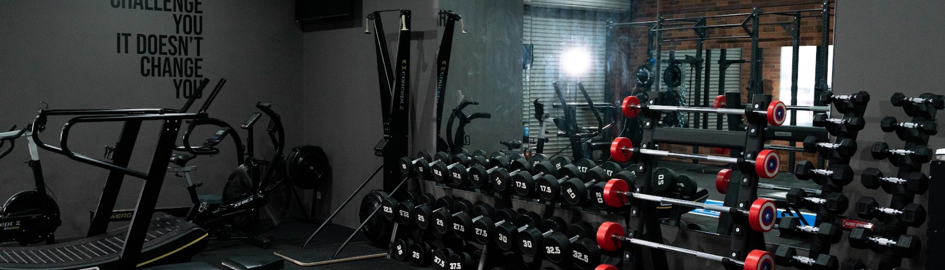 Dumbbells and cardio equipment.