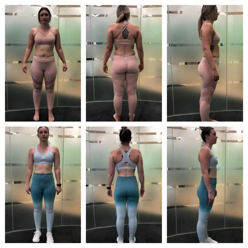Before and after fitness transformation photos of a woman showing progress
